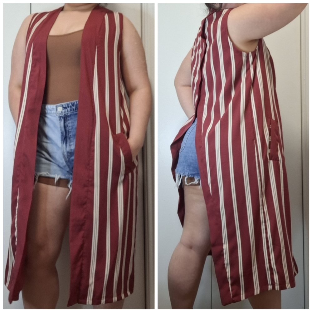 Free People Striped Maroon Long Vest